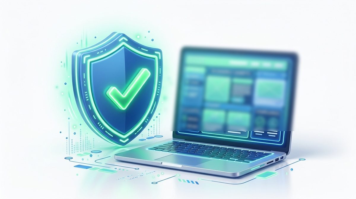 Trójwymiarowa tarcza ochronna z zielonym symbolem potwierdzenia obok ekranu komputera z makietą strony internetowej